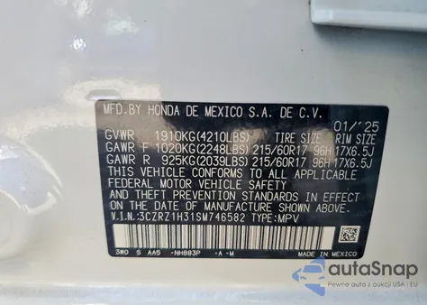 2025 Honda Hr-V Lx from USA, damaged, VIN 3CZRZ1H31SM746582